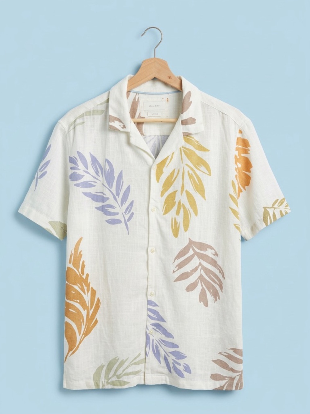 Men's Cream Short-Sleeve Button-Down Shirt with Multicolor Leaf Print